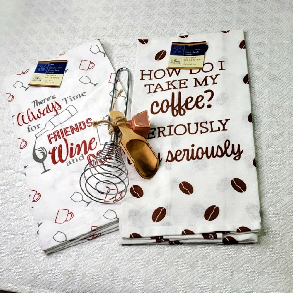 Two Humorous Flour Sack Towels NWT plus whisk